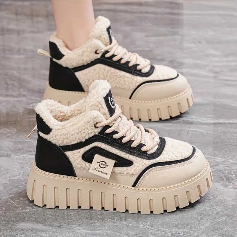 Women's lace up thick soled snow boots, comfortable lambskin short boots for warmth, anti slip, lightweight winter shoes