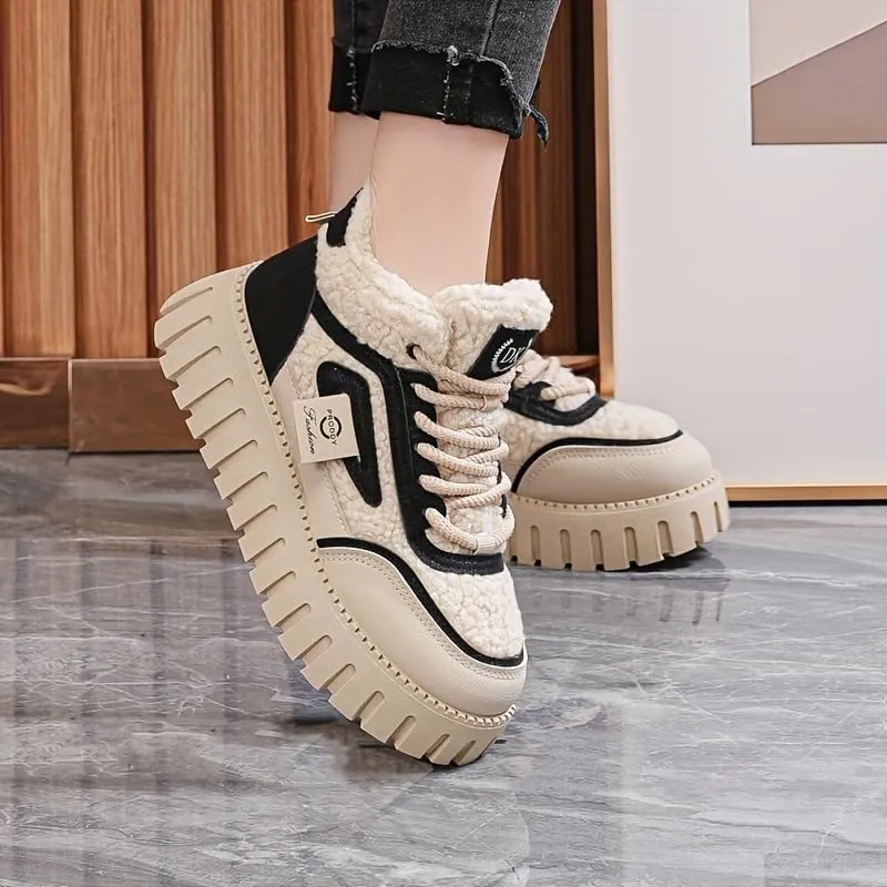 Women's lace up thick soled snow boots, comfortable lambskin short boots for warmth, anti slip, lightweight winter shoes
