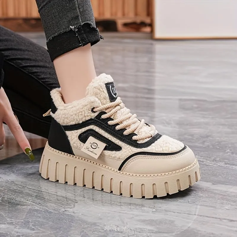 Women's lace up thick soled snow boots, comfortable lambskin short boots for warmth, anti slip, lightweight winter shoes