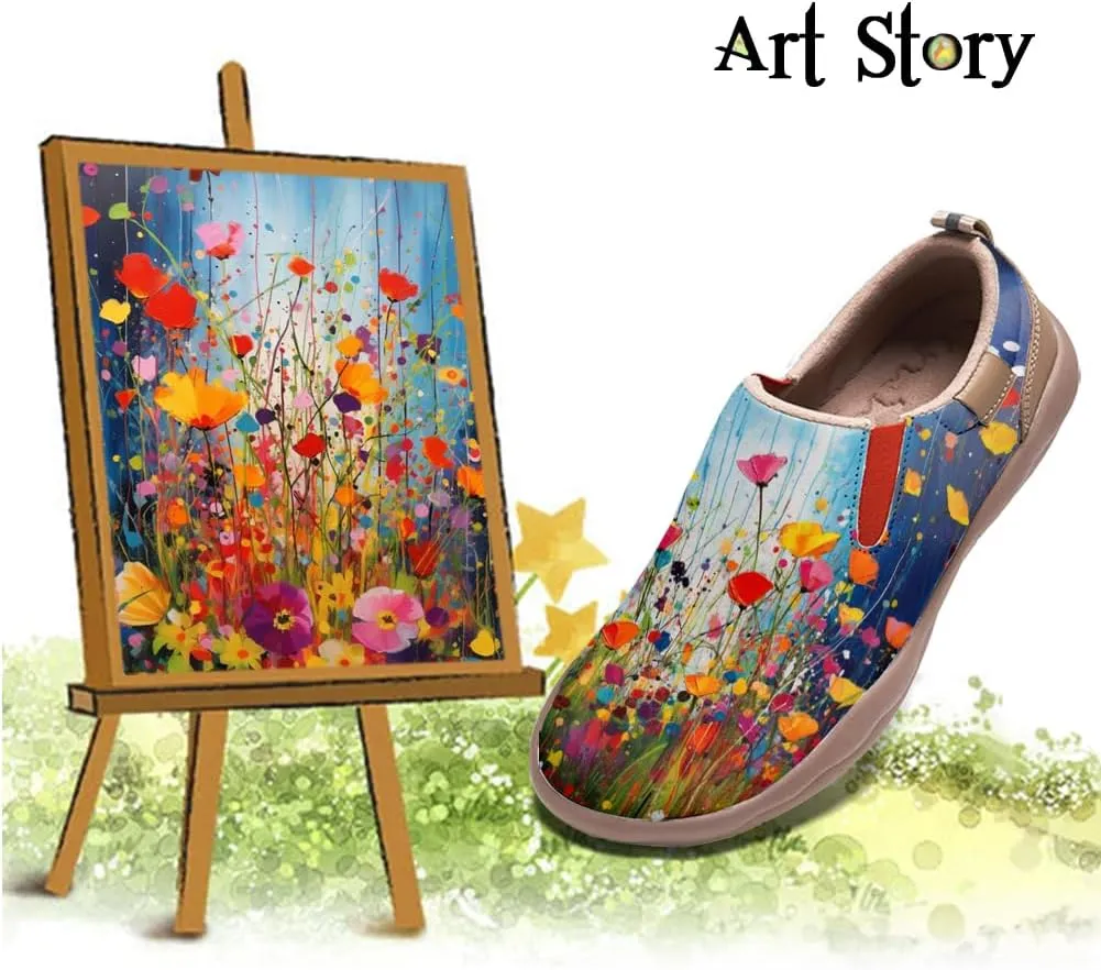 Women's Leather Shoes Slip On Flower Loafers Painted Travel Shoes Chinoiserie Art Fashion Sneaker