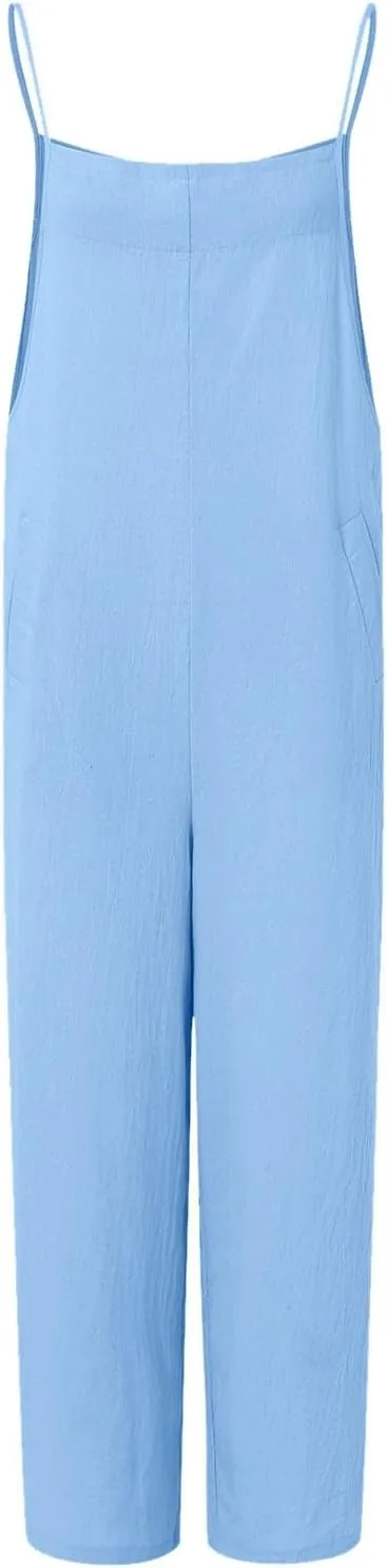 Women's Linen Overalls Jumpsuit - Wide Leg One Piece Jumpsuits Casual Sleeveless Straps Baggy Overalls with Pocket