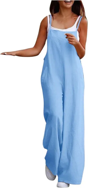 Women's Linen Overalls Jumpsuit - Wide Leg One Piece Jumpsuits Casual Sleeveless Straps Baggy Overalls with Pocket