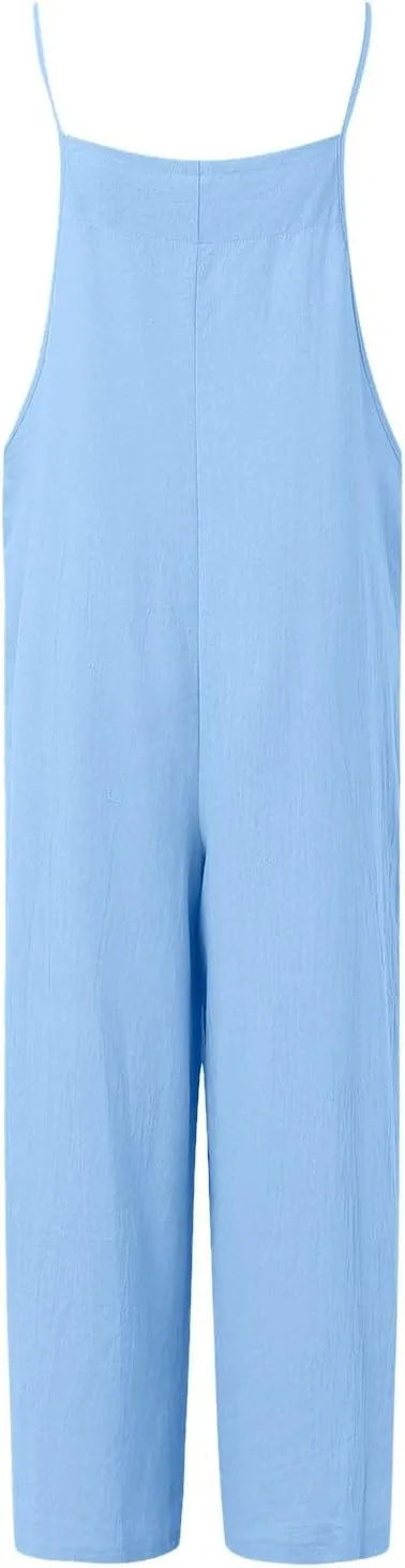 Women's Linen Overalls Jumpsuit - Wide Leg One Piece Jumpsuits Casual Sleeveless Straps Baggy Overalls with Pocket