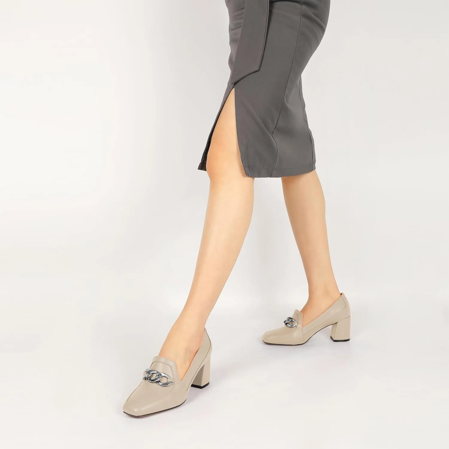 Women's Low Heel Pumps Loafers with Metal Buckle Square Toe Pumps Chunky Heeled Pump Stylish Comfortable 2.5 Inch Loafers Heels