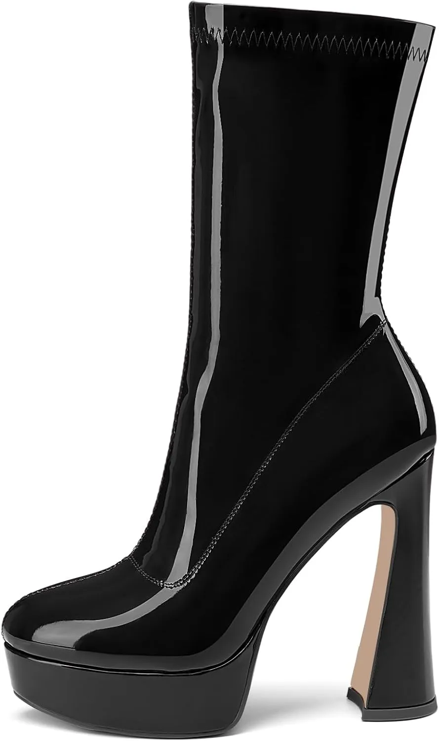 Women's Mid Calf Platform Boots Round Toe High Heel GoGo Boots Chunky Heel Comfortable Booties with Side Zipper for Ladies Sexy Cute