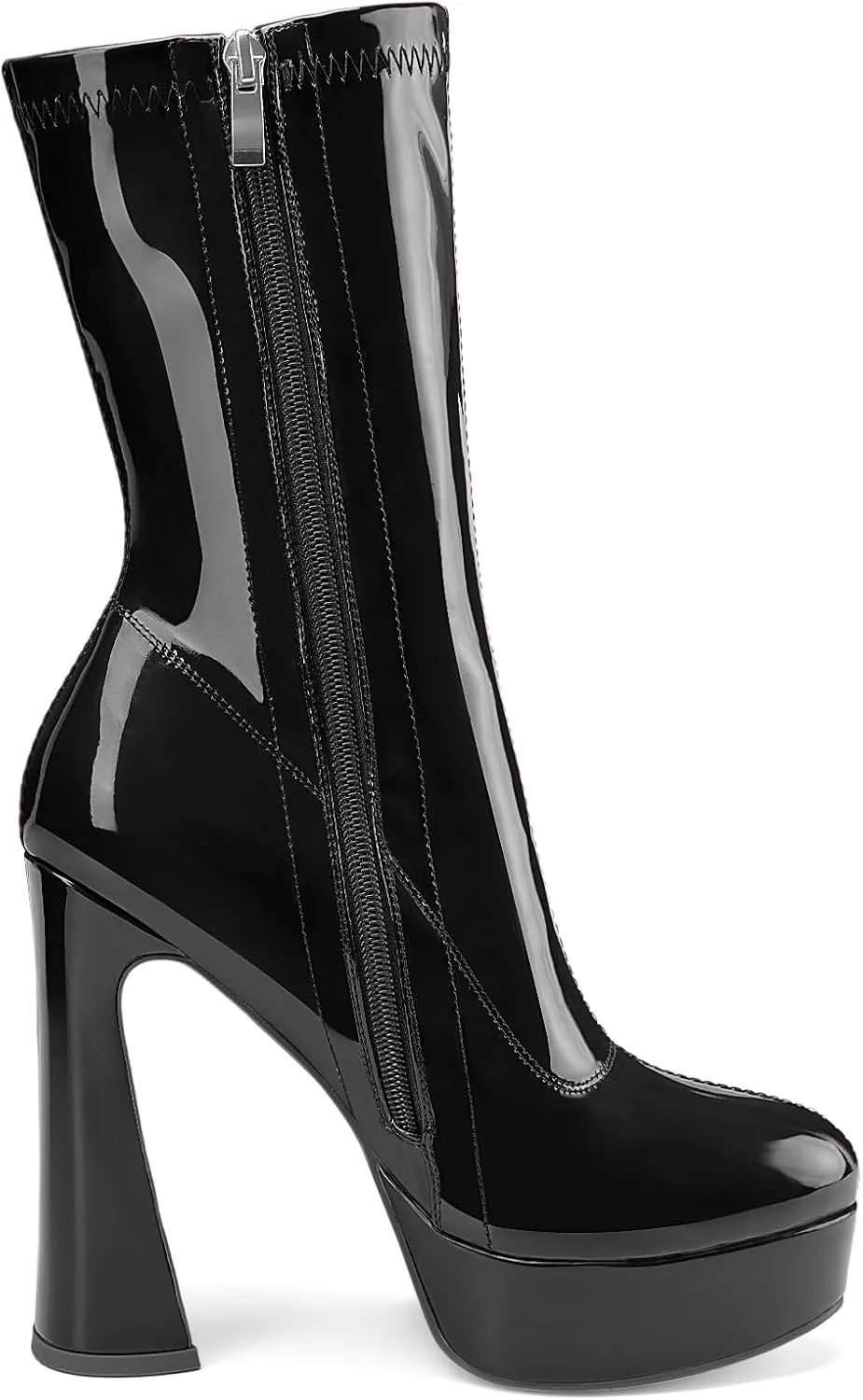 Women's Mid Calf Platform Boots Round Toe High Heel GoGo Boots Chunky Heel Comfortable Booties with Side Zipper for Ladies Sexy Cute