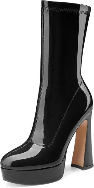 Women's Mid Calf Platform Boots Round Toe High Heel GoGo Boots Chunky Heel Comfortable Booties with Side Zipper for Ladies Sexy Cute