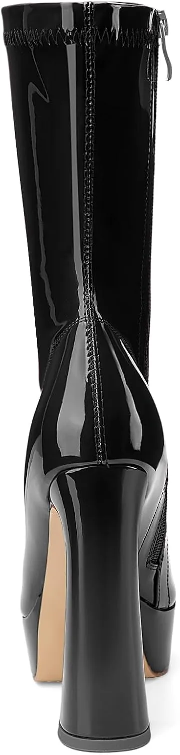 Women's Mid Calf Platform Boots Round Toe High Heel GoGo Boots Chunky Heel Comfortable Booties with Side Zipper for Ladies Sexy Cute