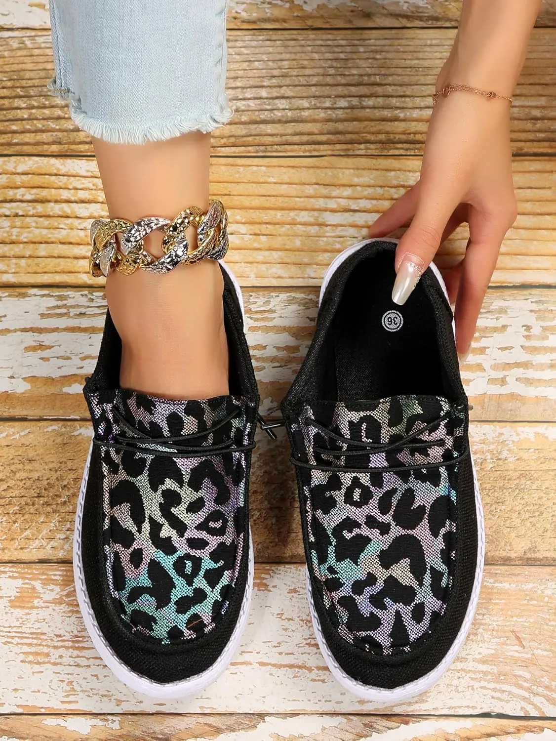 Women's Milky Cow Print Slip-On Loafers - Lightweight Comfortable Casual Shoes with Elastic Laces, Foam Outsole, Orthotic Walking Shoes for Daily Wear, US 6-10