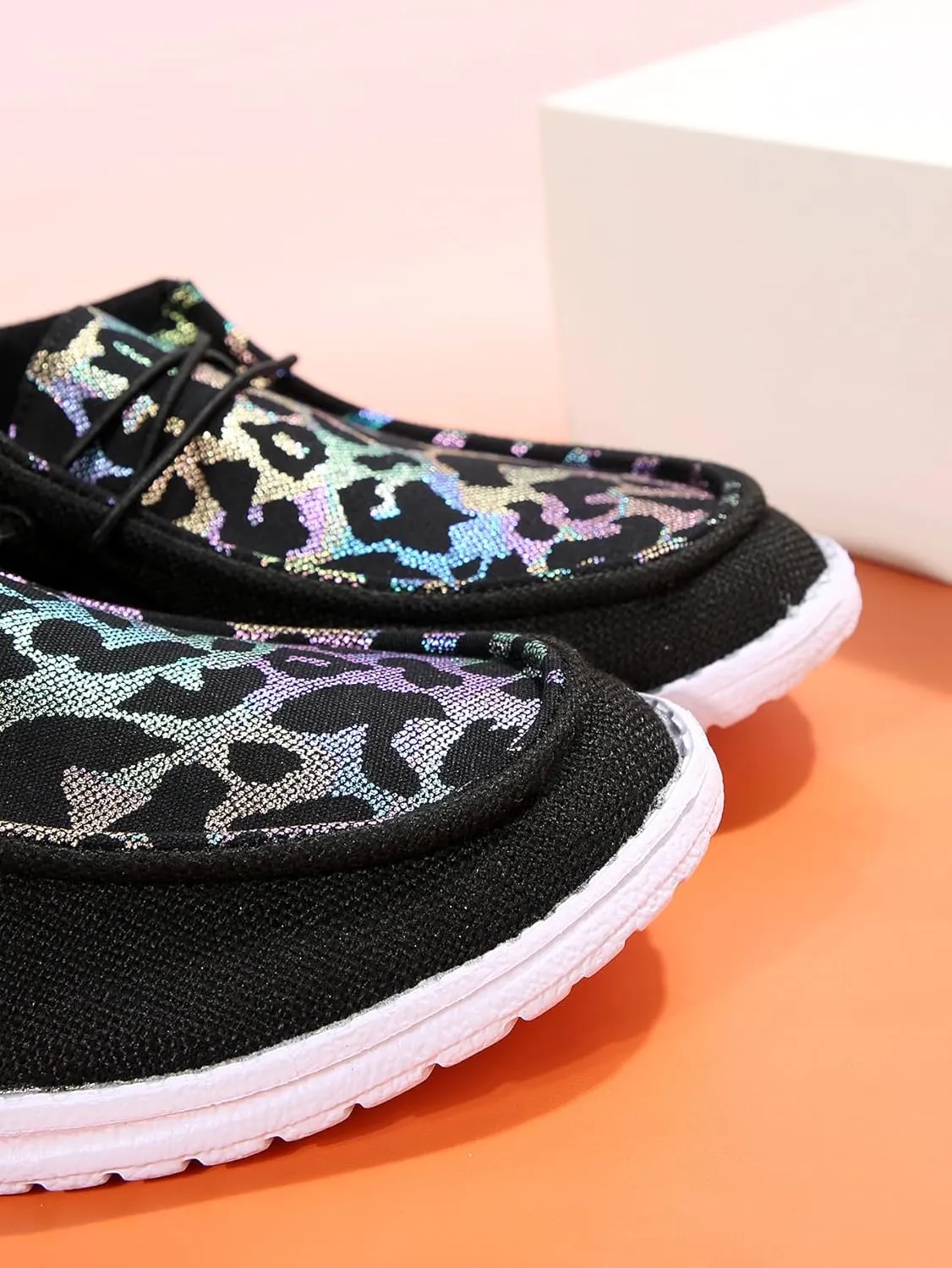 Women's Milky Cow Print Slip-On Loafers - Lightweight Comfortable Casual Shoes with Elastic Laces, Foam Outsole, Orthotic Walking Shoes for Daily Wear, US 6-10