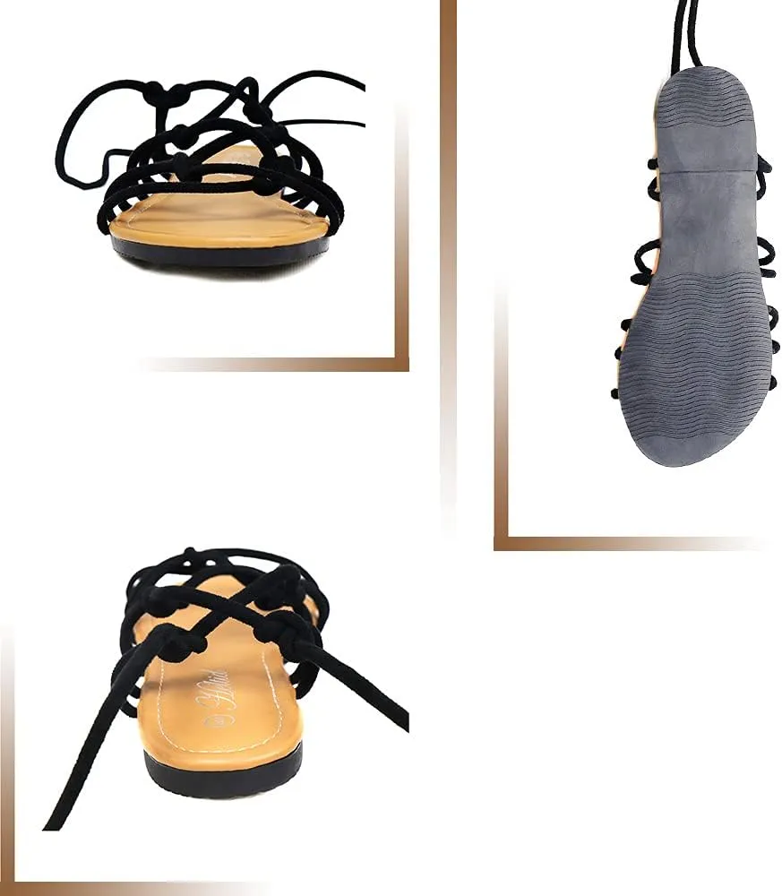 Women's Open Toe Lace Up Gladiator Flat Sandals，Slip on Roman Sandals