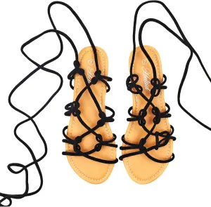 Women's Open Toe Lace Up Gladiator Flat Sandals，Slip on Roman Sandals