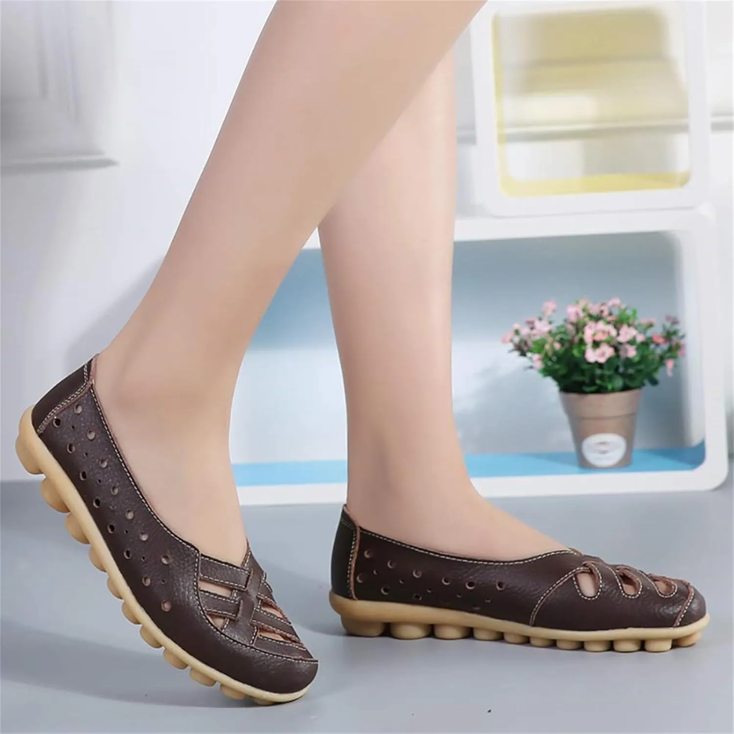 Womens Orthopedic Loafers in Breathable Leather Comfortable Hollow Soft Flats Sandals Summer Casual Slip-On Shoes