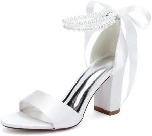 Women's Pearl Block Heel Wedding Shoes for Bride Open Toe Satin Chunky Heeled Bridal Sandals for Women