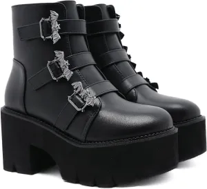 Womens Platform Boots Round Toe Chunky Ankle Boots Punk Boots Lace Up&Zipper Combat Boots
