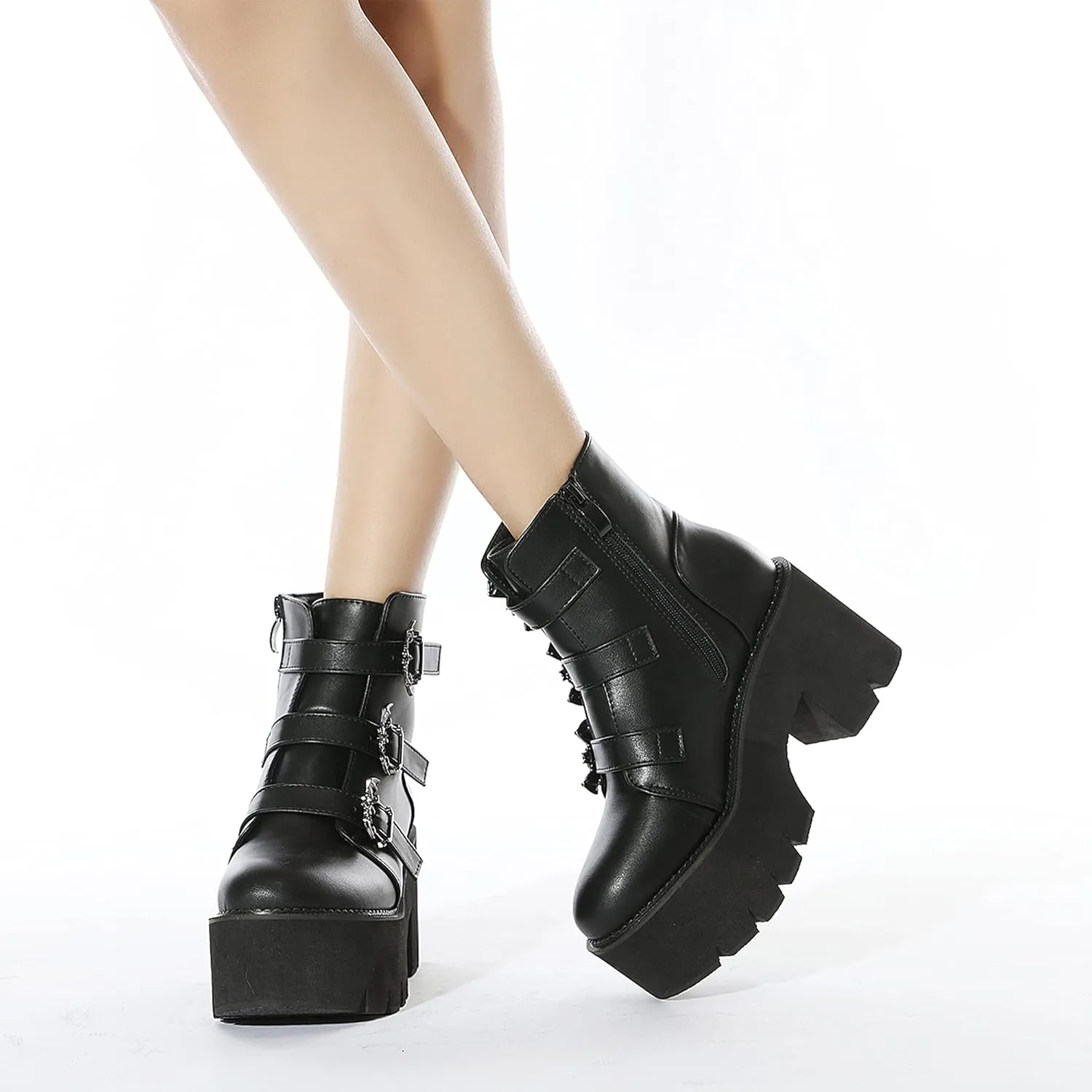 Womens Platform Boots Round Toe Chunky Ankle Boots Punk Boots Lace Up&Zipper Combat Boots