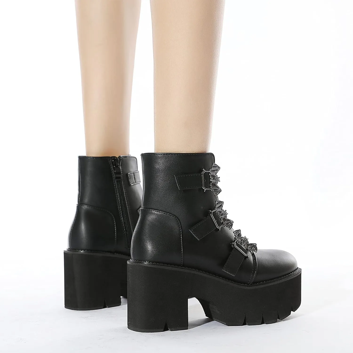 Womens Platform Boots Round Toe Chunky Ankle Boots Punk Boots Lace Up&Zipper Combat Boots