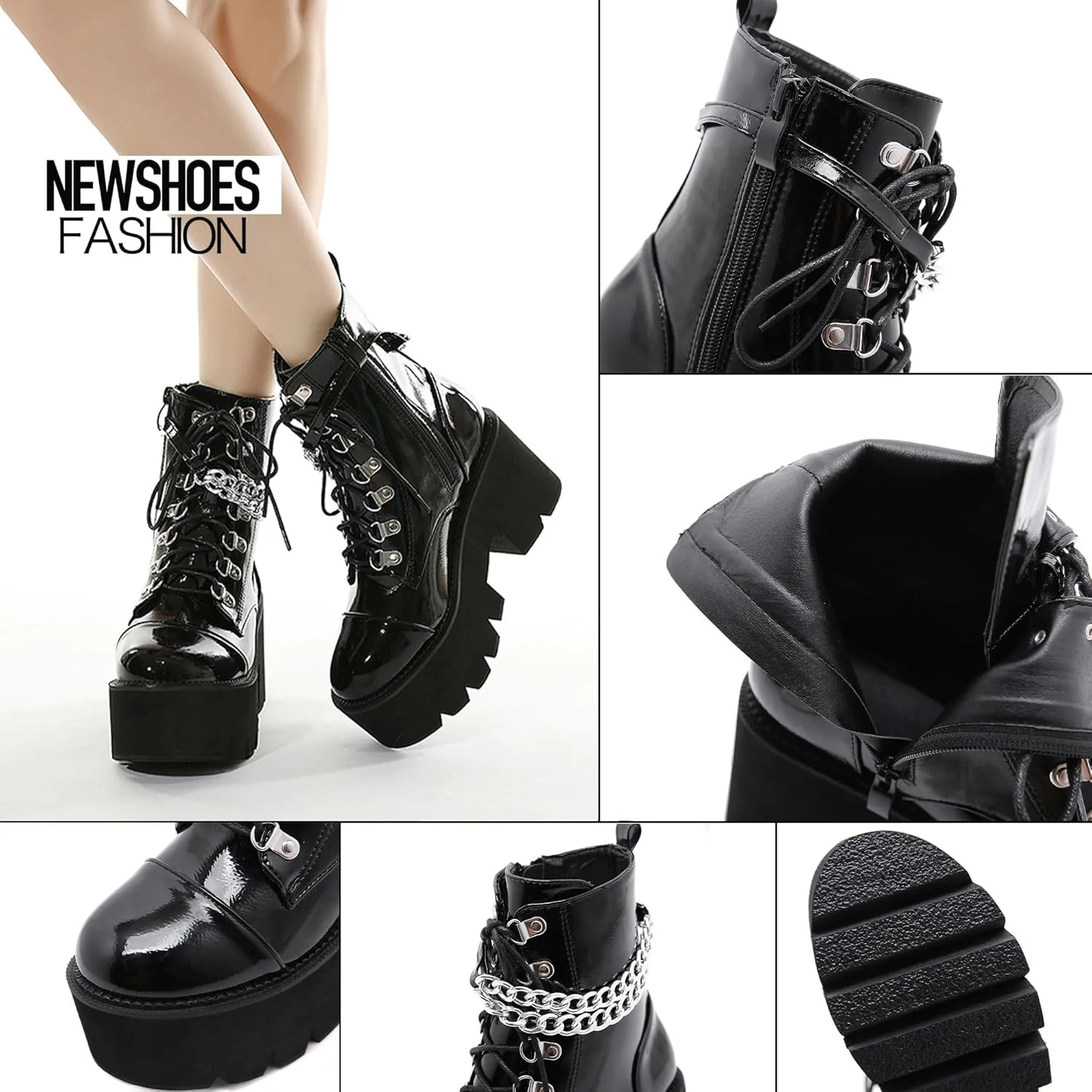 Womens Platform Boots Round Toe Chunky Ankle Boots Punk Boots Lace Up&Zipper Combat Boots
