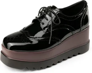 Women's Platform Oxford Shoes Classic Chunky Patent Leather PU Square Toe Wedges Casual Lace Up Sneakers