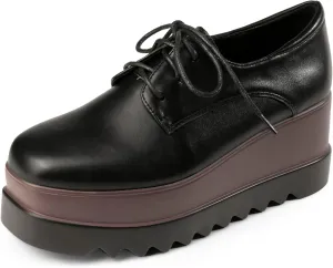 Women's Platform Oxford Shoes Classic Chunky Patent Leather PU Square Toe Wedges Casual Lace Up Sneakers