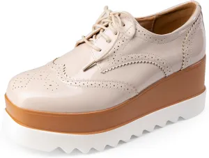 Women's Platform Oxford Shoes Classic Chunky Patent Leather PU Square Toe Wedges Casual Lace Up Sneakers