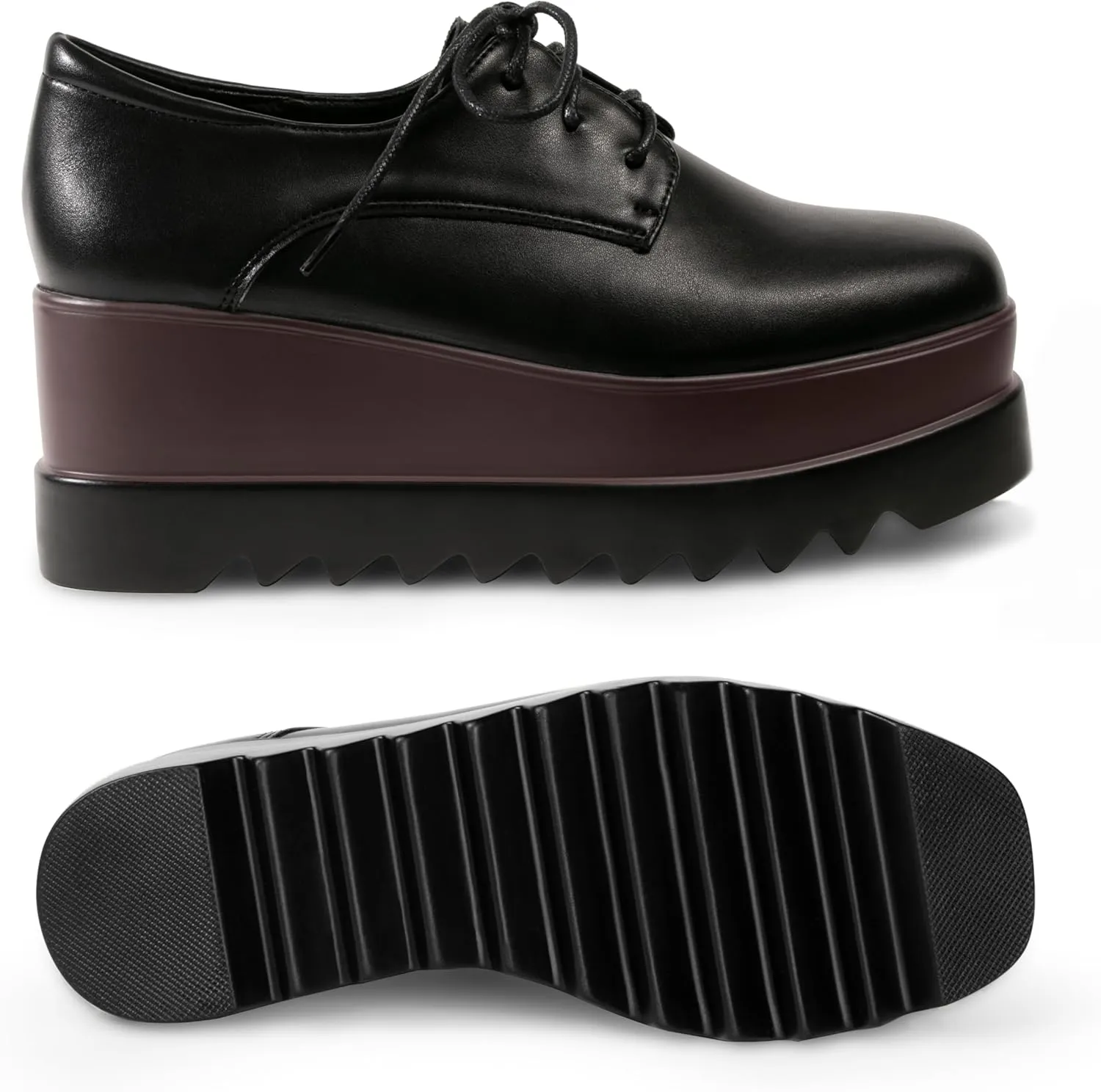 Women's Platform Oxford Shoes Classic Chunky Patent Leather PU Square Toe Wedges Casual Lace Up Sneakers