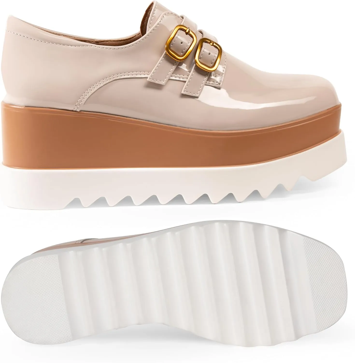 Women's Platform Oxford Shoes Classic Chunky Patent Leather PU Square Toe Wedges Casual Lace Up Sneakers