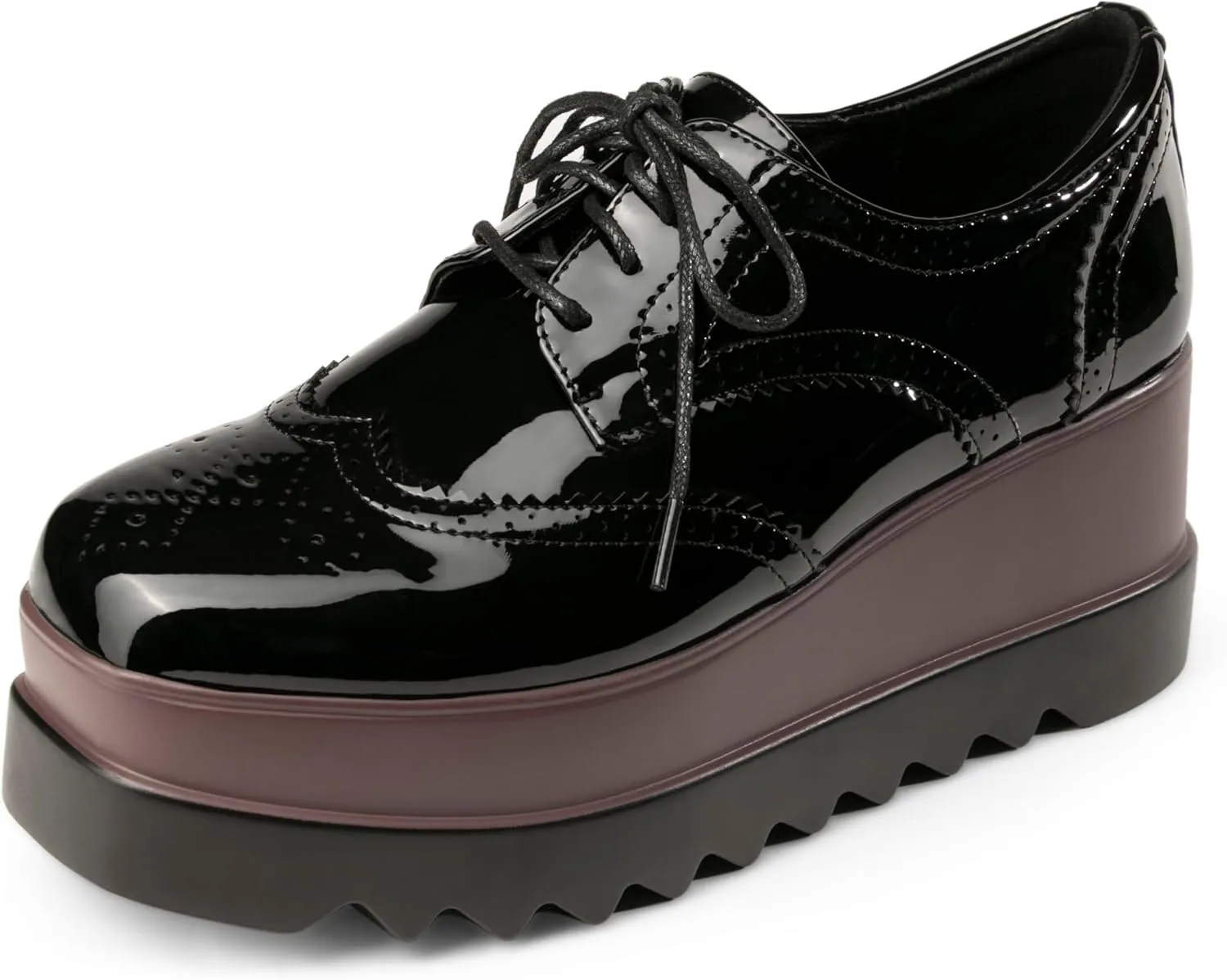 Women's Platform Oxford Shoes Classic Chunky Patent Leather PU Square Toe Wedges Casual Lace Up Sneakers