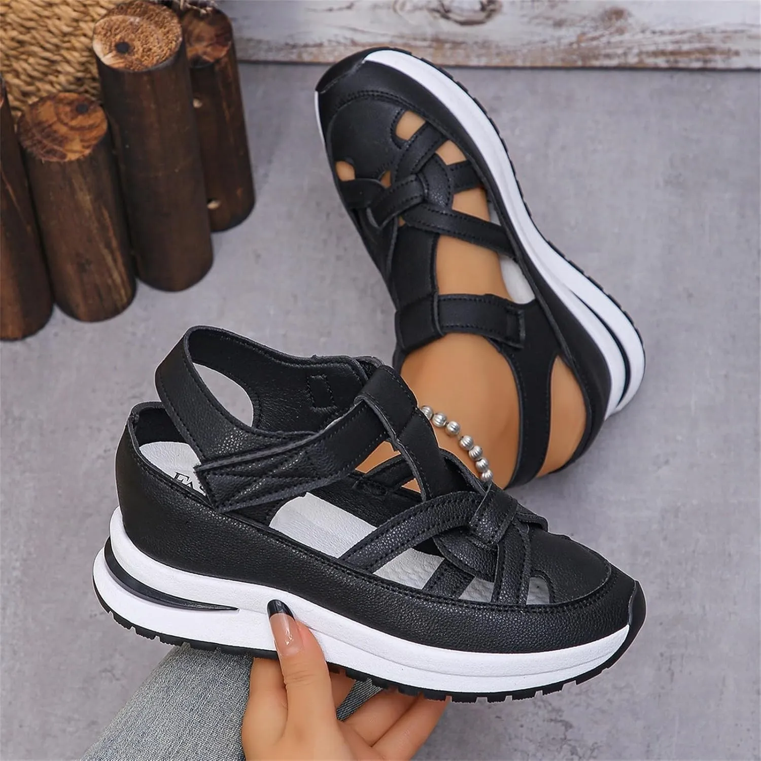 Women's Platform Sandals Summer Closed Toe Sandals Casual Lightweight Hollow Out Breathable Wedge Slippers Trendy Height-Boosting Thick Sole Walking Shoes