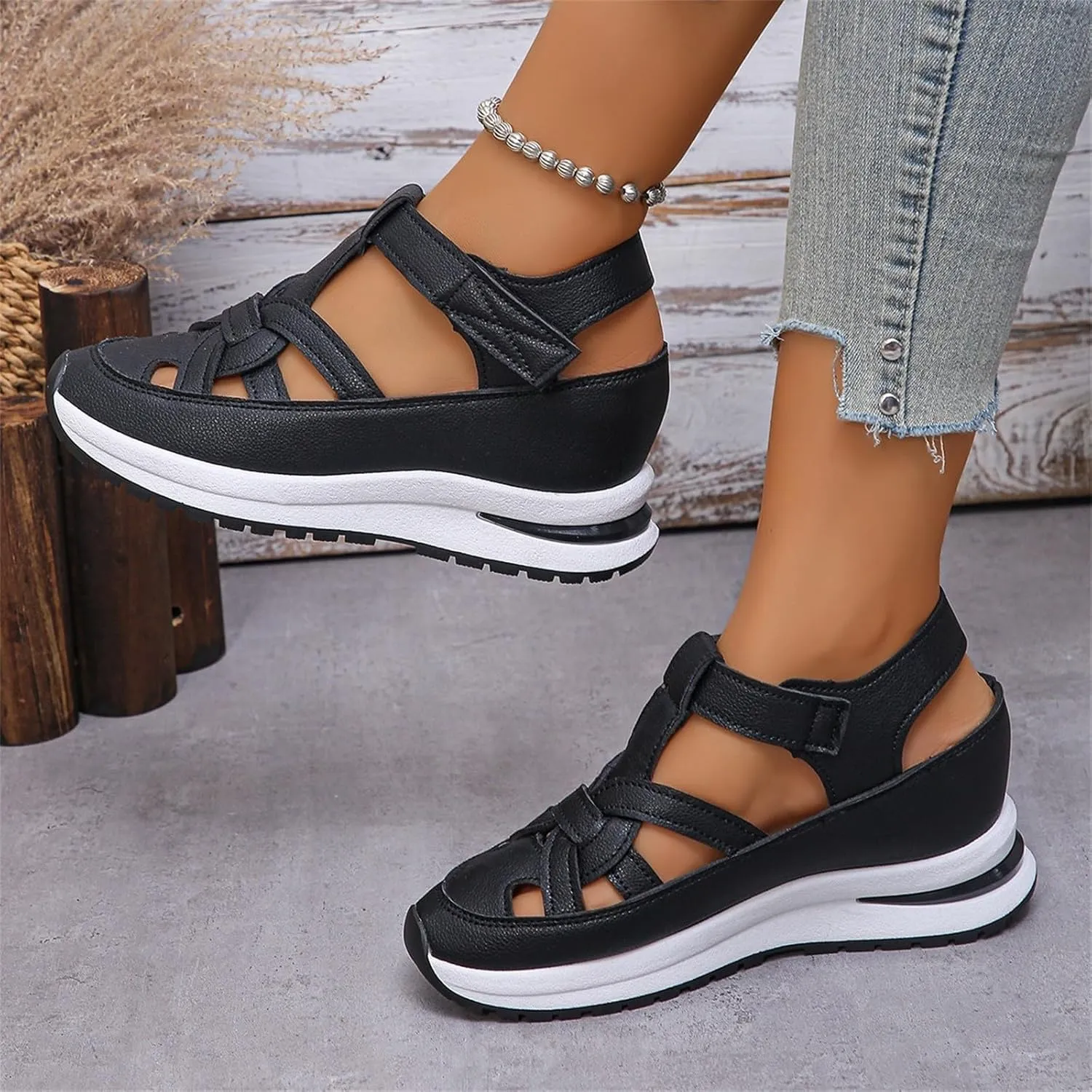 Women's Platform Sandals Summer Closed Toe Sandals Casual Lightweight Hollow Out Breathable Wedge Slippers Trendy Height-Boosting Thick Sole Walking Shoes