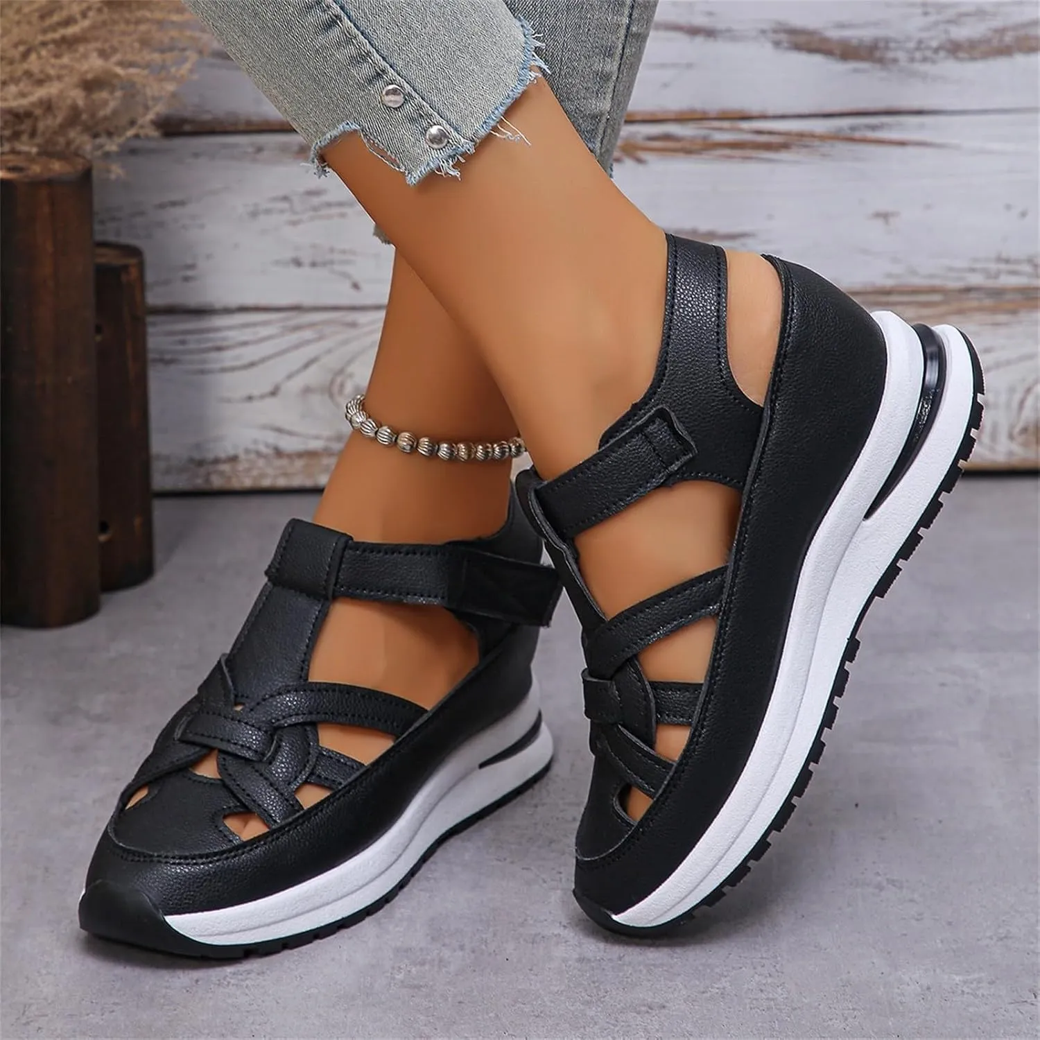 Women's Platform Sandals Summer Closed Toe Sandals Casual Lightweight Hollow Out Breathable Wedge Slippers Trendy Height-Boosting Thick Sole Walking Shoes