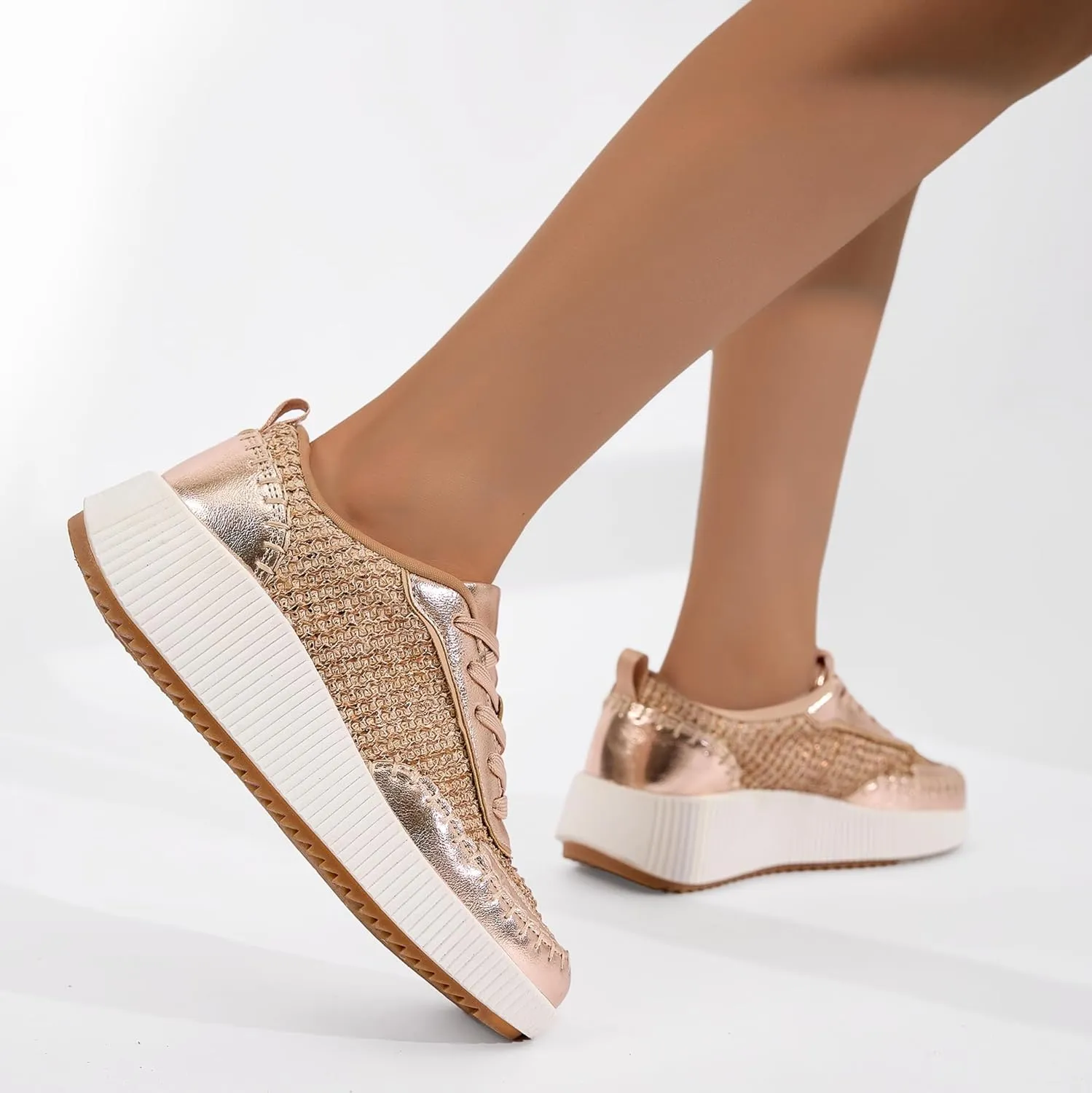 Women's Platform Sneakers Low Top Chunky Retro Braided Walking Shoes Comfortable Lace Up Casual Shoes