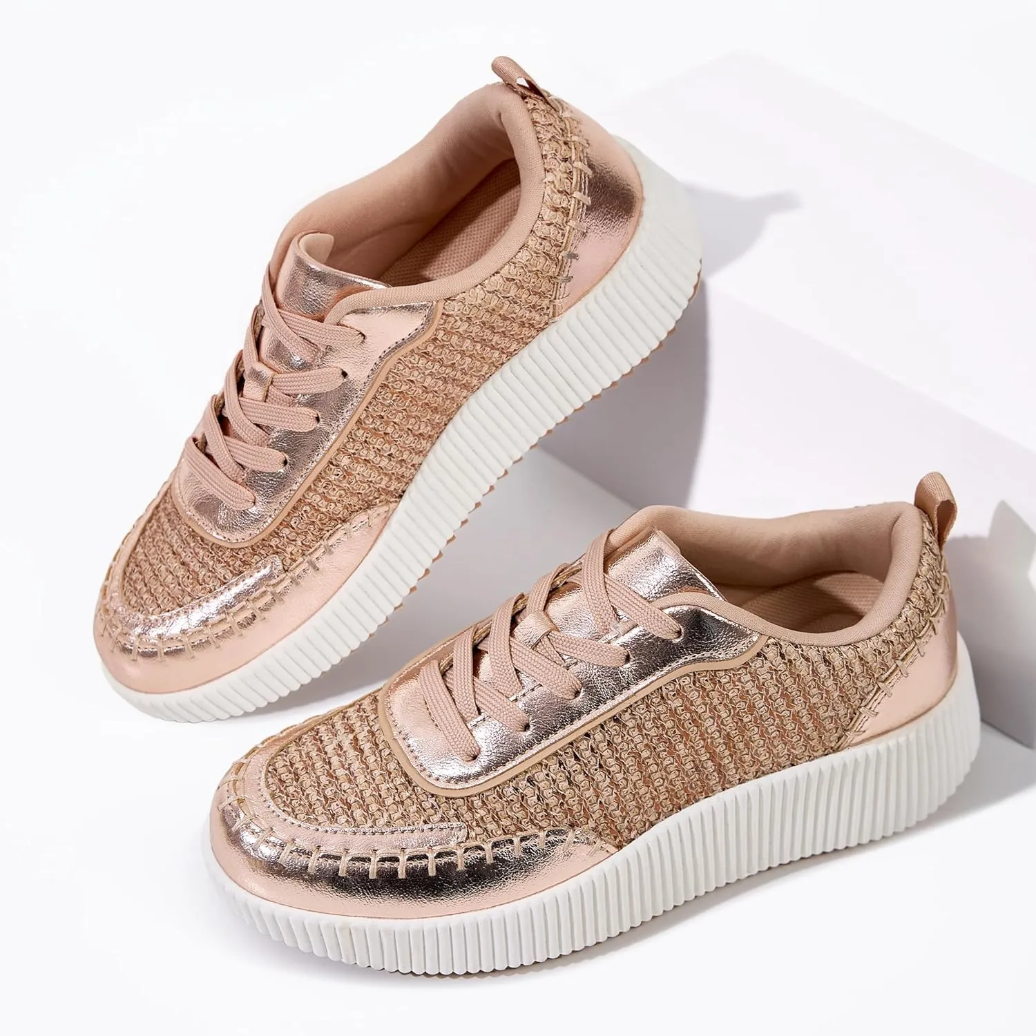 Women's Platform Sneakers Low Top Chunky Retro Braided Walking Shoes Comfortable Lace Up Casual Shoes