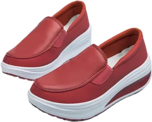 Women's Platform Wedge Slip-On Loafers,Comfortable EVA Sole Round Toe Leather Moccasin Wedge Sneakers.