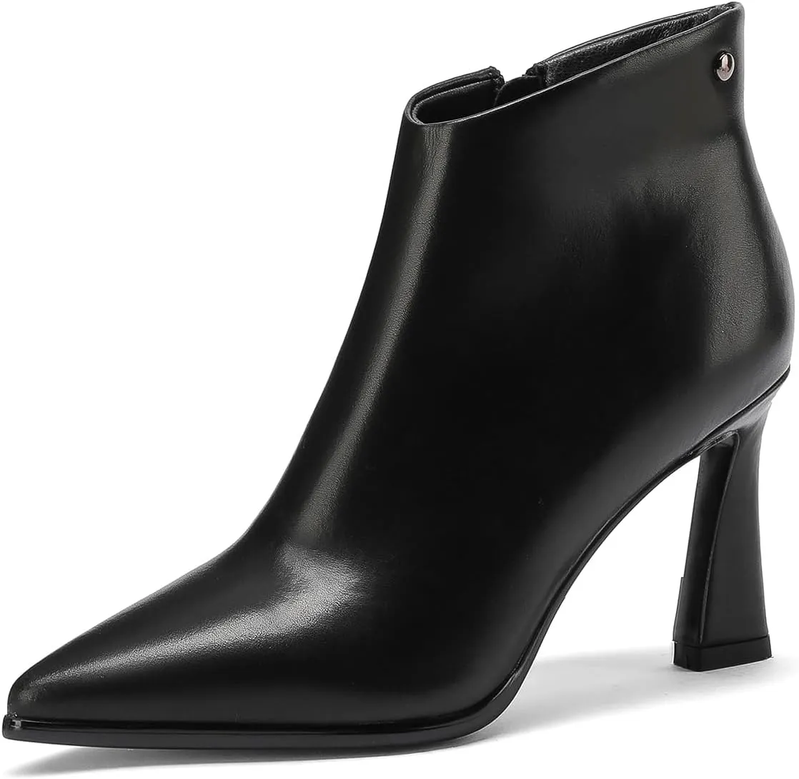 Womens Pointed Leather Thick High Heels 8.5cm/3.3in Rivet Ankle Boots Fashion Retro Party Boots