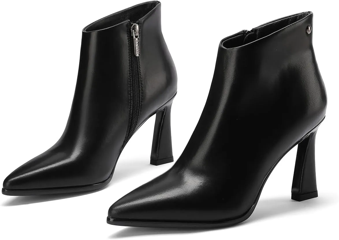 Womens Pointed Leather Thick High Heels 8.5cm/3.3in Rivet Ankle Boots Fashion Retro Party Boots