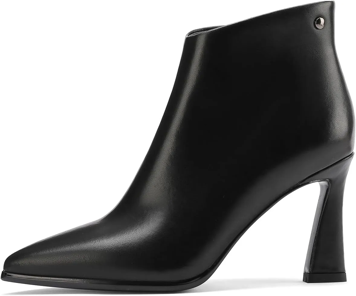 Womens Pointed Leather Thick High Heels 8.5cm/3.3in Rivet Ankle Boots Fashion Retro Party Boots