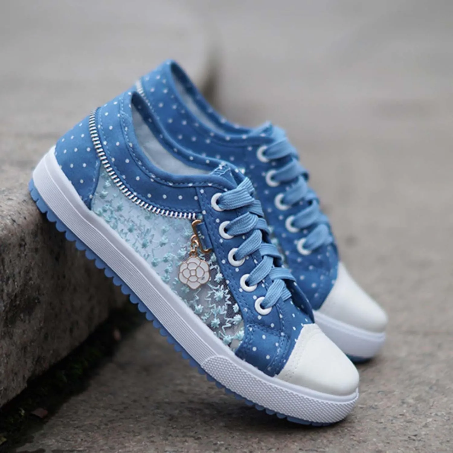 Women's Polka Dot Lace-Up Denim Mesh Sneakers | Casual Flat Canvas Shoes - Breathable Comfort for Everyday Wear