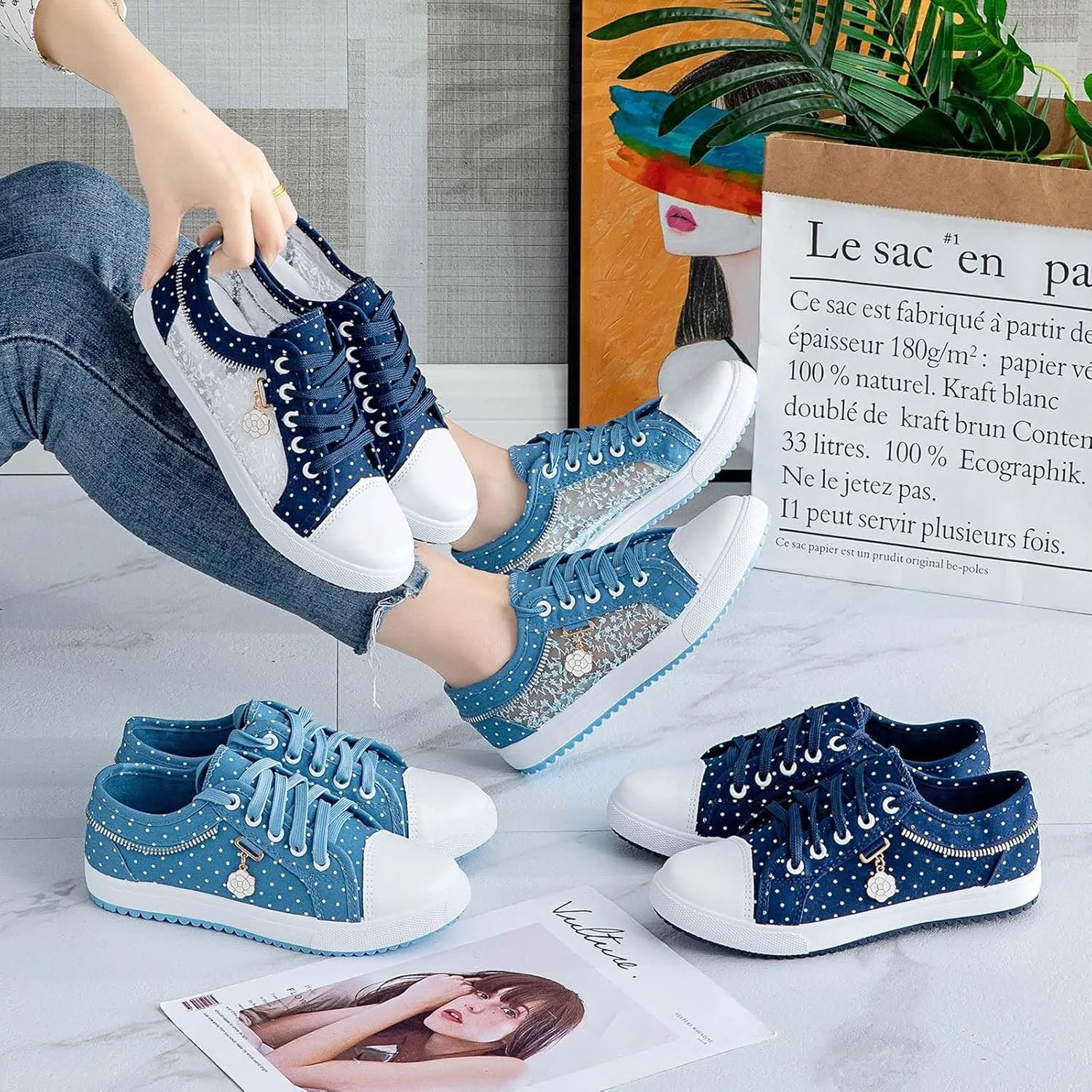 Women's Polka Dot Lace-Up Denim Mesh Sneakers | Casual Flat Canvas Shoes - Breathable Comfort for Everyday Wear