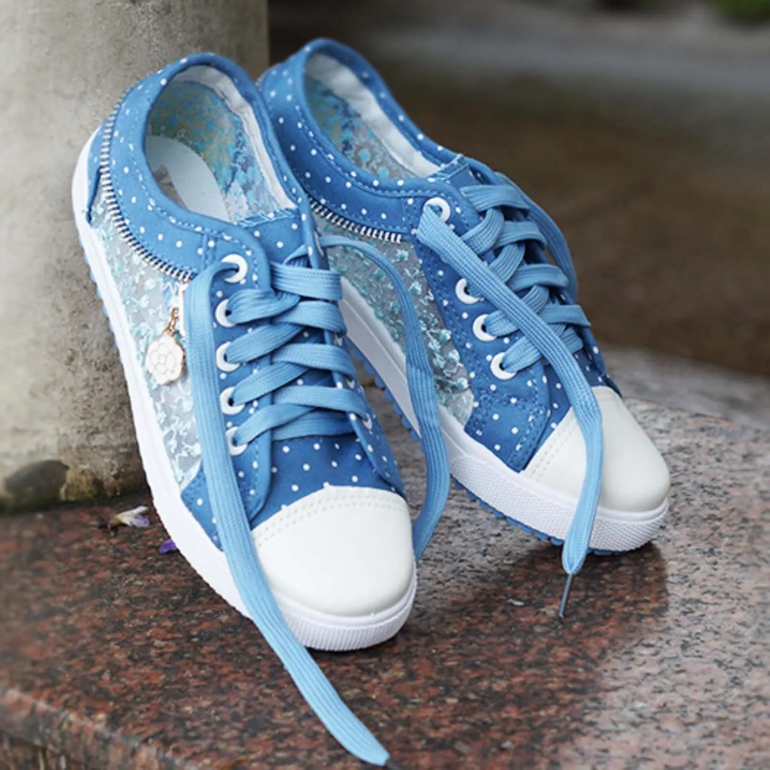 Women's Polka Dot Lace-Up Denim Mesh Sneakers | Casual Flat Canvas Shoes - Breathable Comfort for Everyday Wear