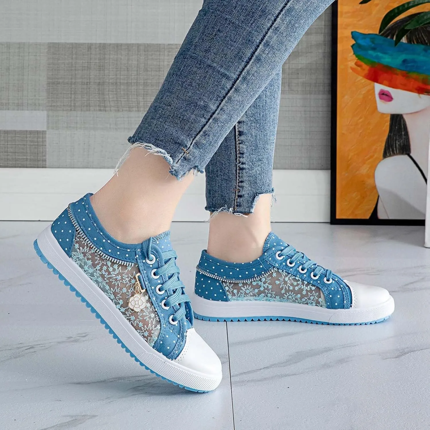 Women's Polka Dot Lace-Up Denim Mesh Sneakers | Casual Flat Canvas Shoes - Breathable Comfort for Everyday Wear