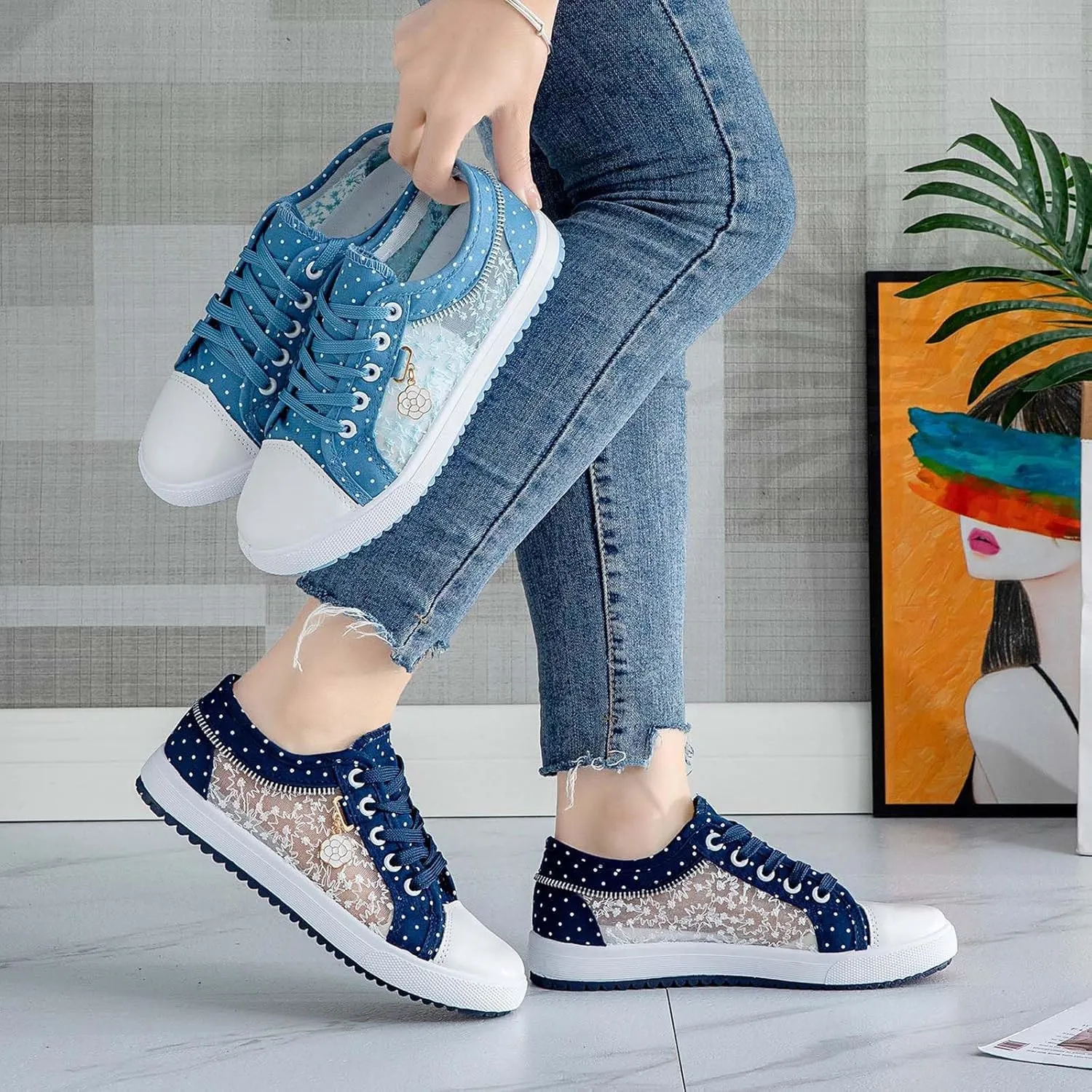 Women's Polka Dot Lace-Up Denim Mesh Sneakers | Casual Flat Canvas Shoes - Breathable Comfort for Everyday Wear