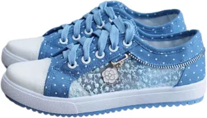 Women's Polka Dot Lace-Up Denim Mesh Sneakers | Casual Flat Canvas Shoes - Breathable Comfort for Everyday Wear