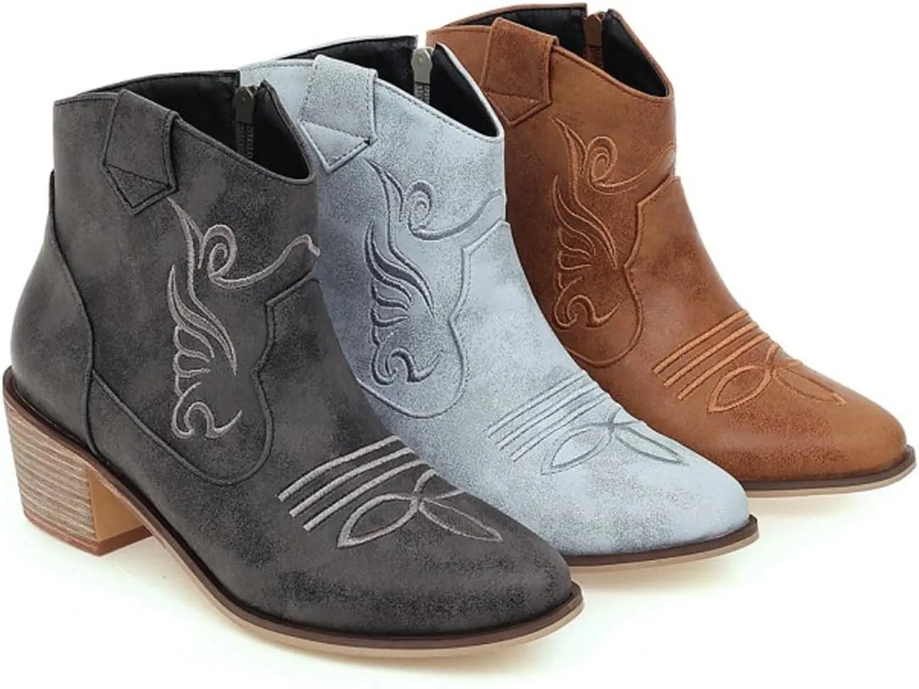 Women's Riley Western Booties, Classic Point Toe Embroidered Western Rodeo Cowboy Sheriff Boot with Zipper Ankle Boots Low Heel for Women