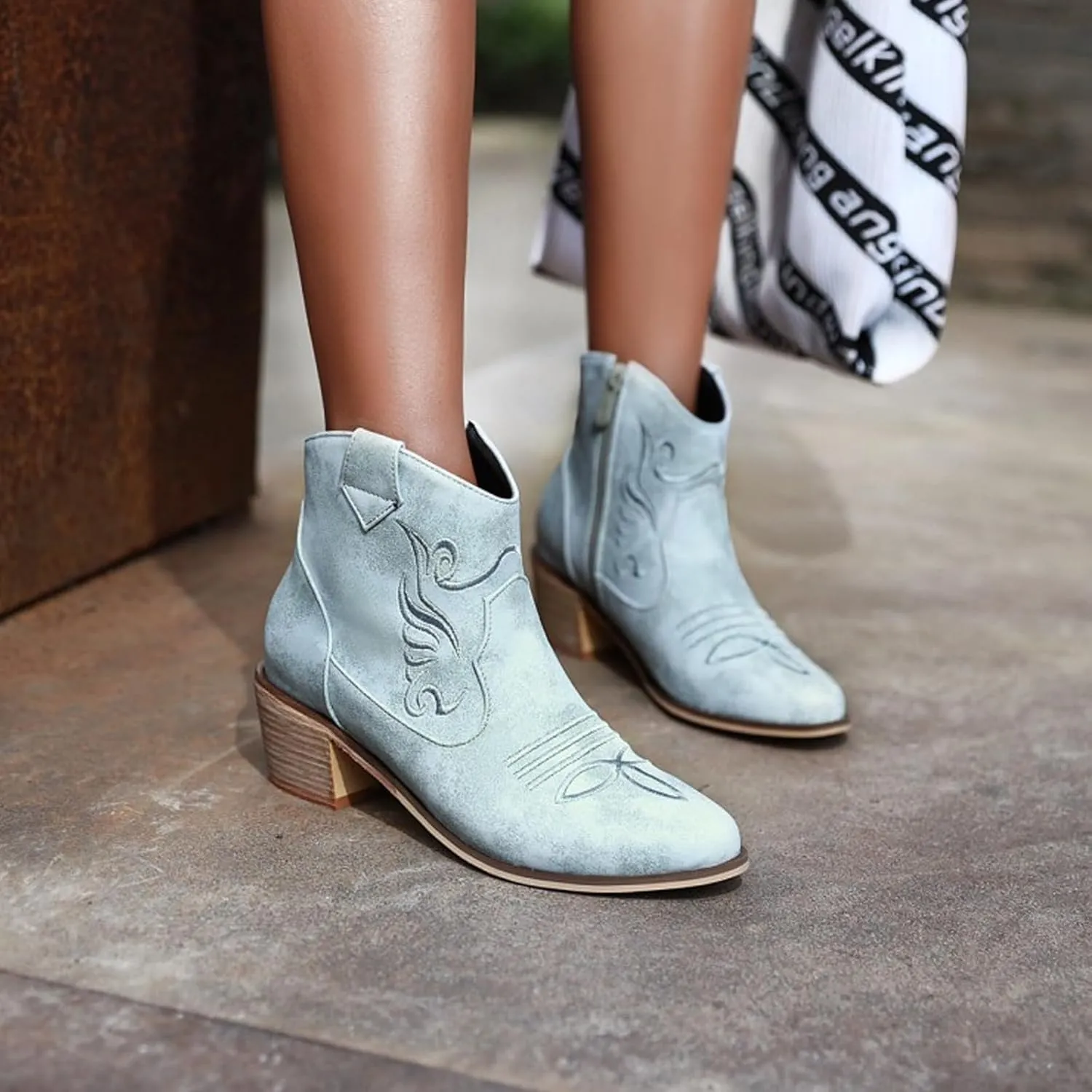Women's Riley Western Booties, Classic Point Toe Embroidered Western Rodeo Cowboy Sheriff Boot with Zipper Ankle Boots Low Heel for Women