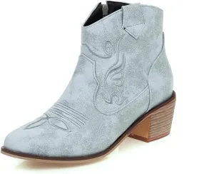 Women's Riley Western Booties, Classic Point Toe Embroidered Western Rodeo Cowboy Sheriff Boot with Zipper Ankle Boots Low Heel for Women
