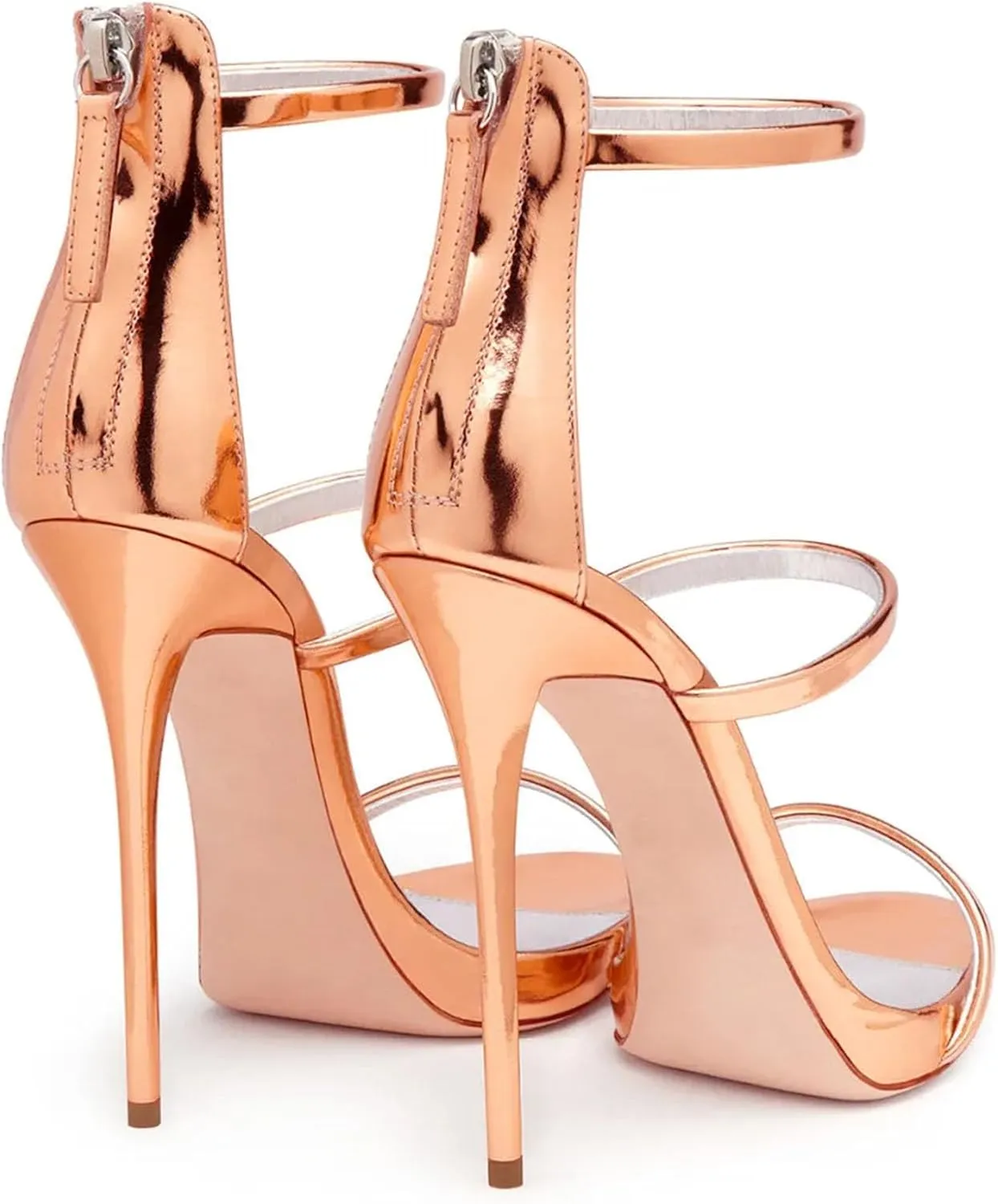 Women's Rose Gold Stiletto Sandals, Open Toe Back Zipper Party Heels