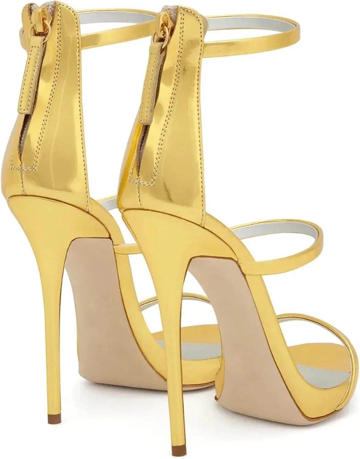 Women's Rose Gold Stiletto Sandals, Open Toe Back Zipper Party Heels