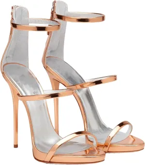 Women's Rose Gold Stiletto Sandals, Open Toe Back Zipper Party Heels