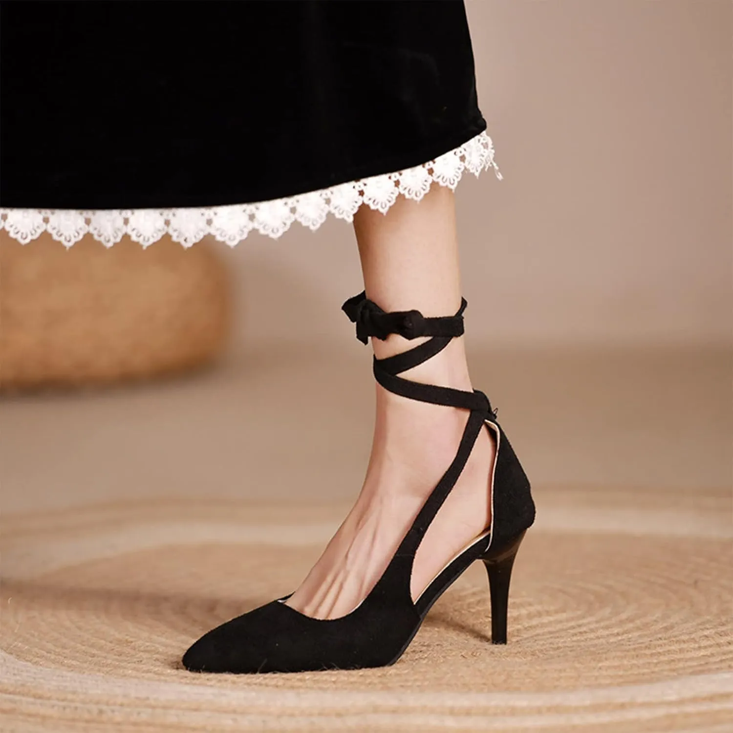 Womens Sandal Pointed Toe Stilettos Heel Dress Shoes Close Back Slip On Ankle Strap Sandal For Wedding Part𝐲